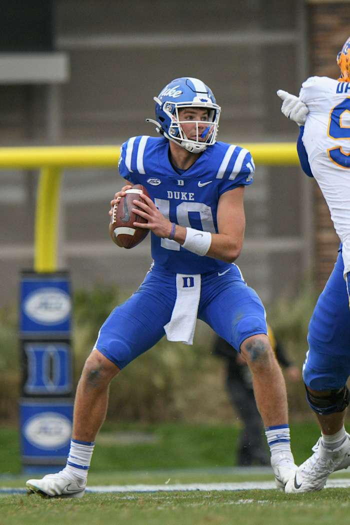 Duke's Riley Leonard attempts a pass vs Pittsburgh